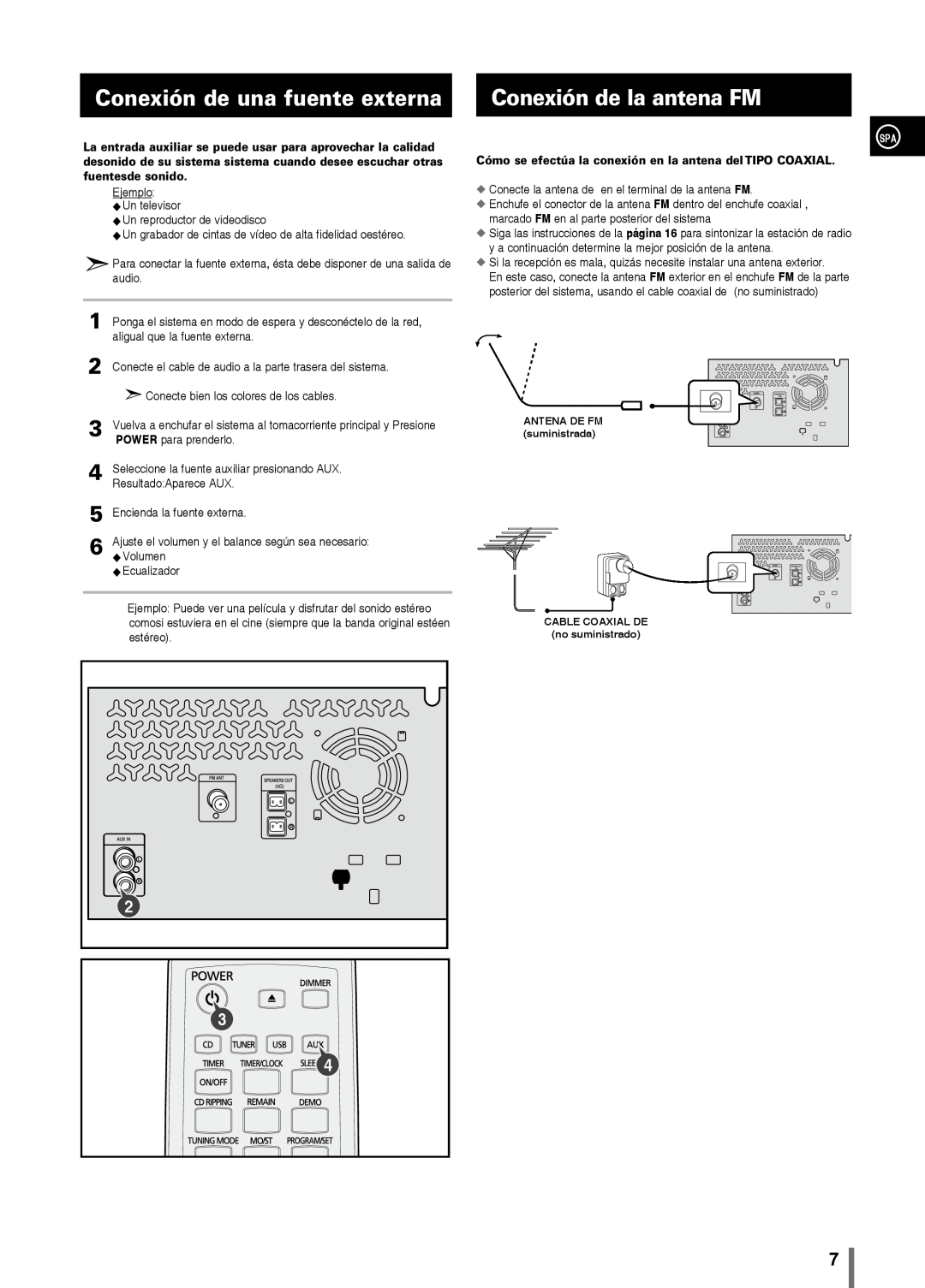 Samsung MM-C330/XEF manual Conexión de una fuente externa, Conexión de la antena FM 