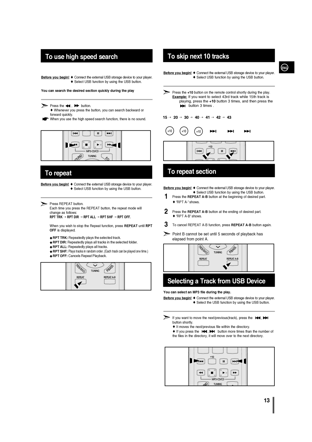 Samsung MM-C330/XER manual To use high speed search, To skip next 10 tracks, To repeat section 