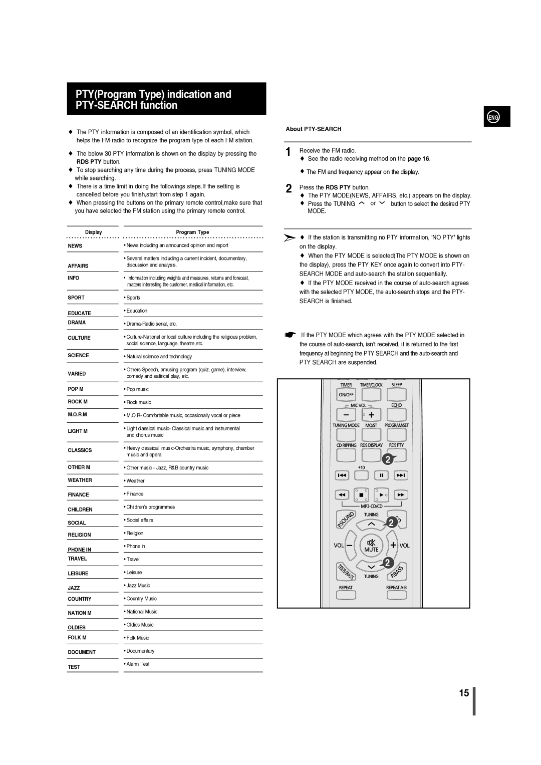 Samsung MM-C330/XER manual PTYProgram Type indication and PTY-SEARCH function, About PTY-SEARCH 