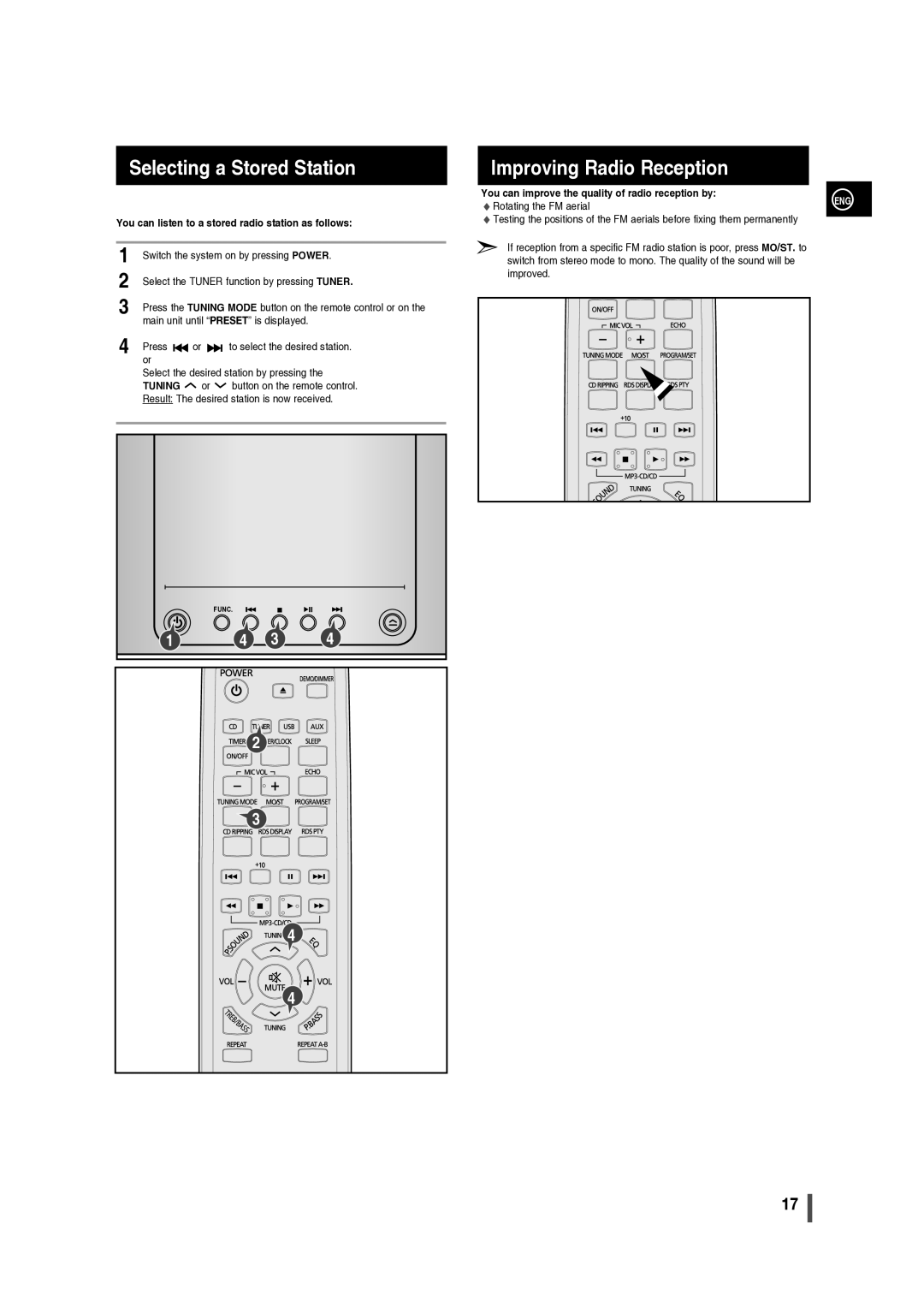 Samsung MM-C330/XER manual Selecting a Stored Station, Improving Radio Reception 