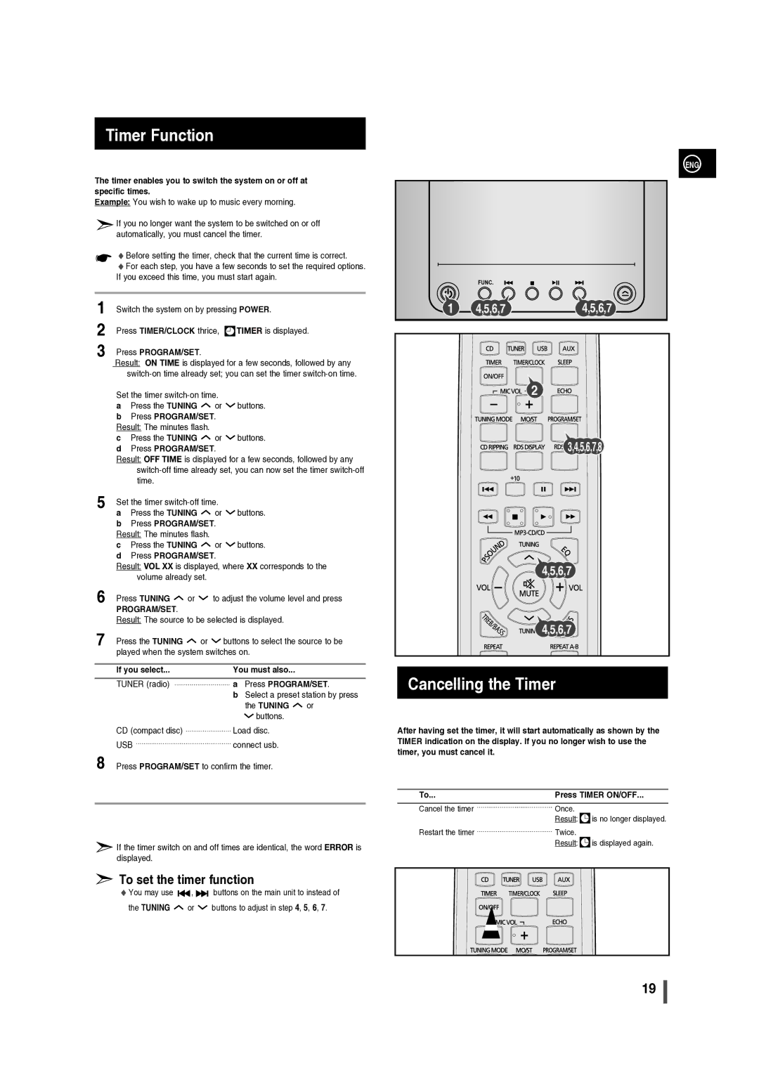 Samsung MM-C330/XER manual Timer Function, Cancelling the Timer, If you select You must also 