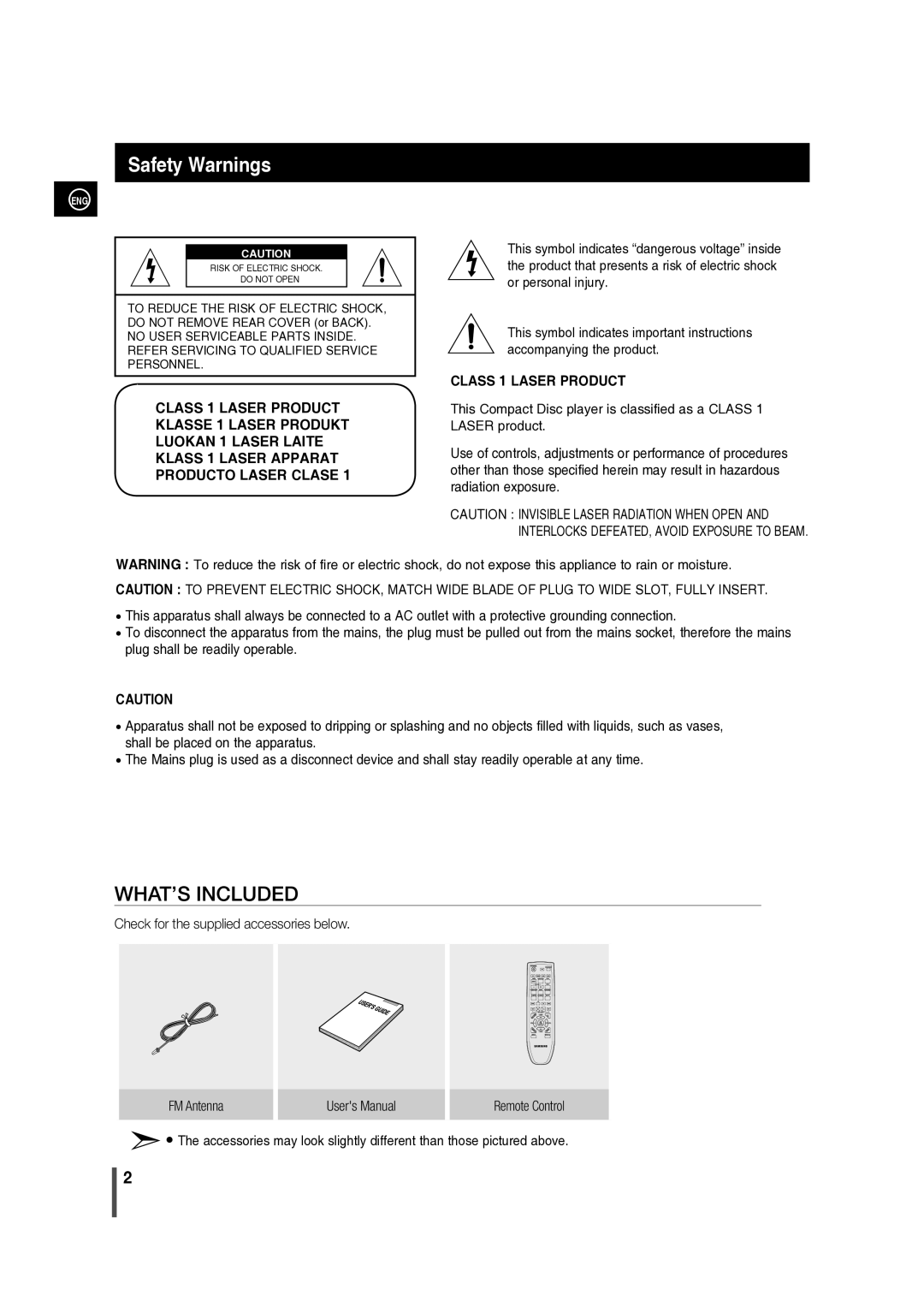 Samsung MM-C330/XER manual Safety Warnings, Class 1 Laser Product 