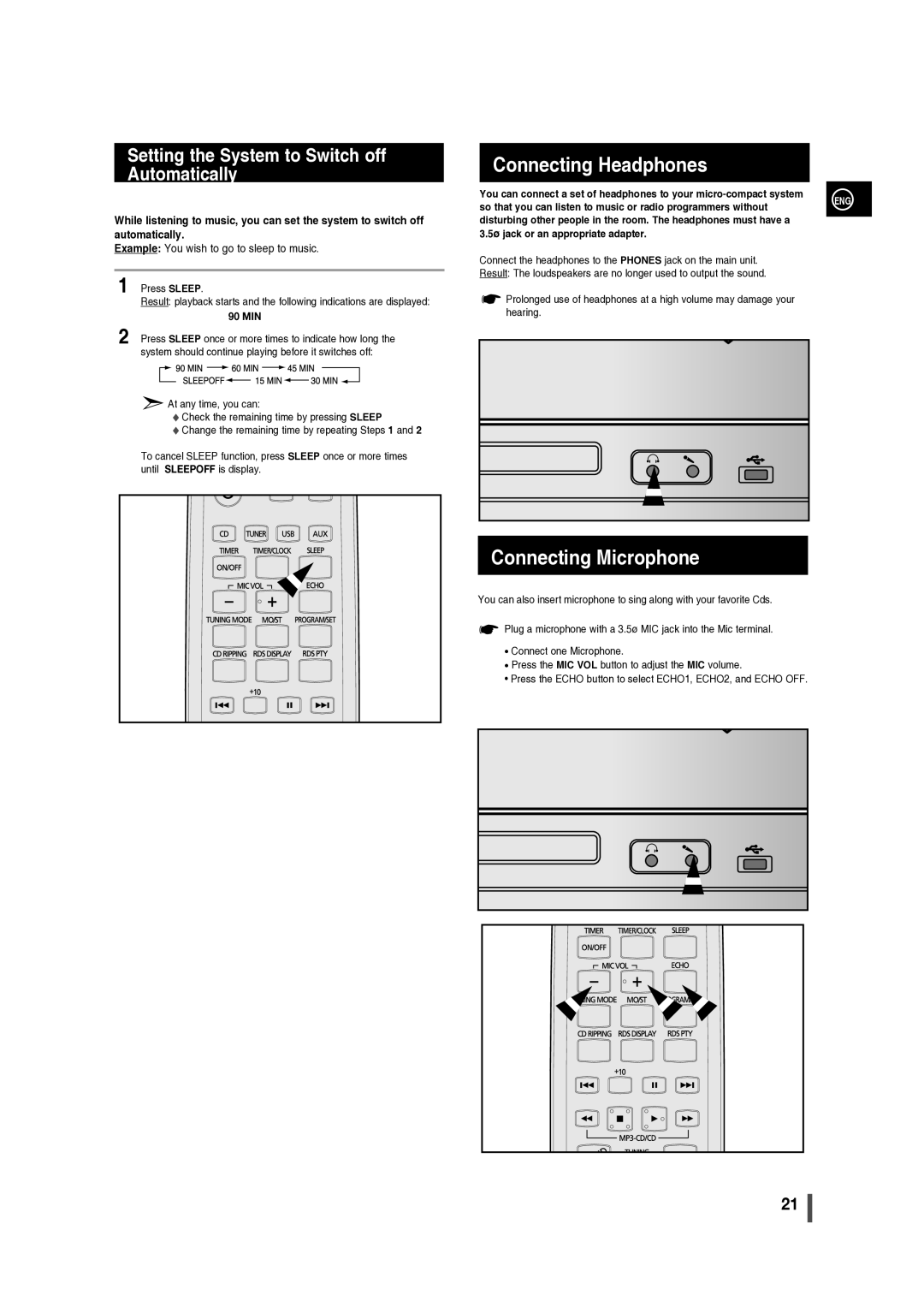 Samsung MM-C330/XER manual Connecting Headphones, Connecting Microphone, Setting the System to Switch off Automatically 