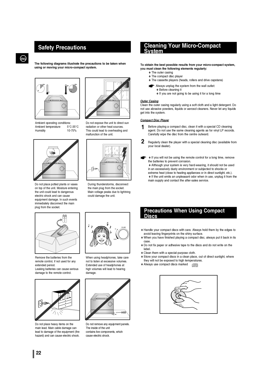 Samsung MM-C330/XER manual Safety Precautions, Cleaning Your Micro-Compact System, Precautions When Using Compact Discs 