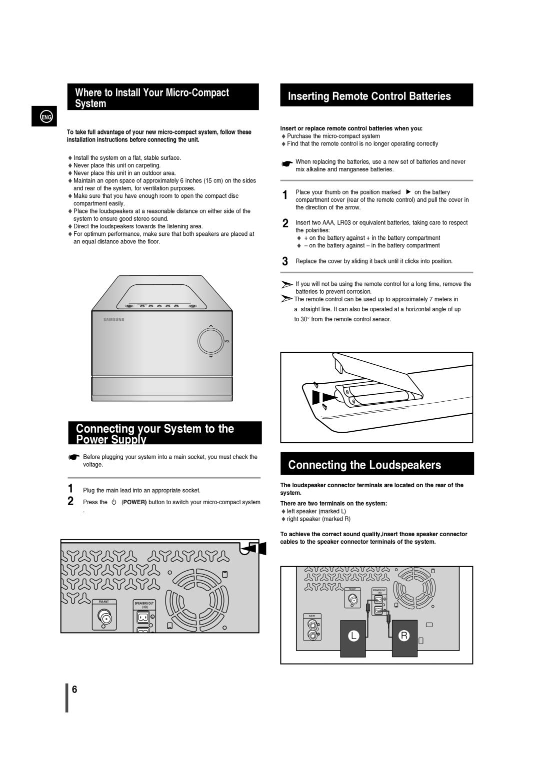 Samsung MM-C330/XER manual Connecting your System to Power Supply, Connecting the Loudspeakers 