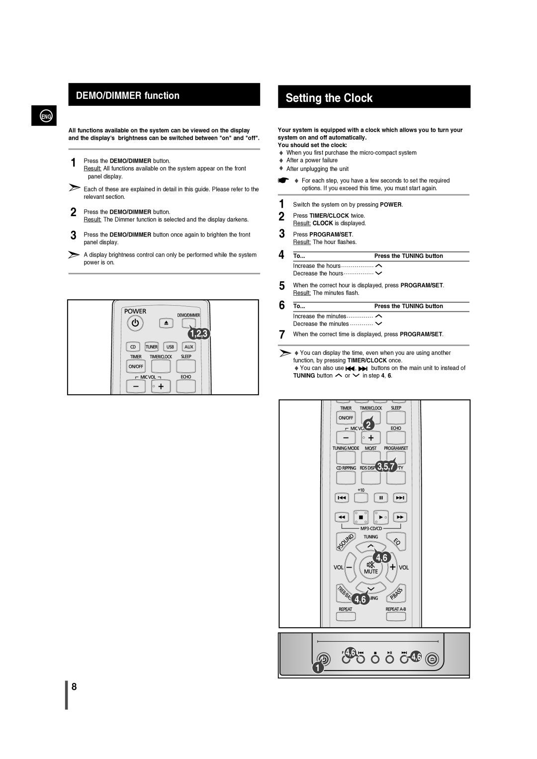 Samsung MM-C330/XER manual Setting the Clock, Press PROGRAM/SET, Press the Tuning button 