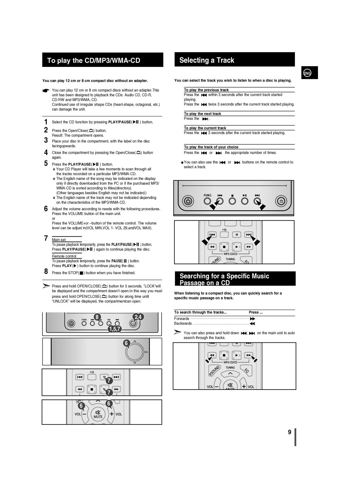 Samsung MM-C330/XER manual Selecting a Track, To play the CD/MP3/WMA-CD, Searching for a Specific Music Passage on a CD 