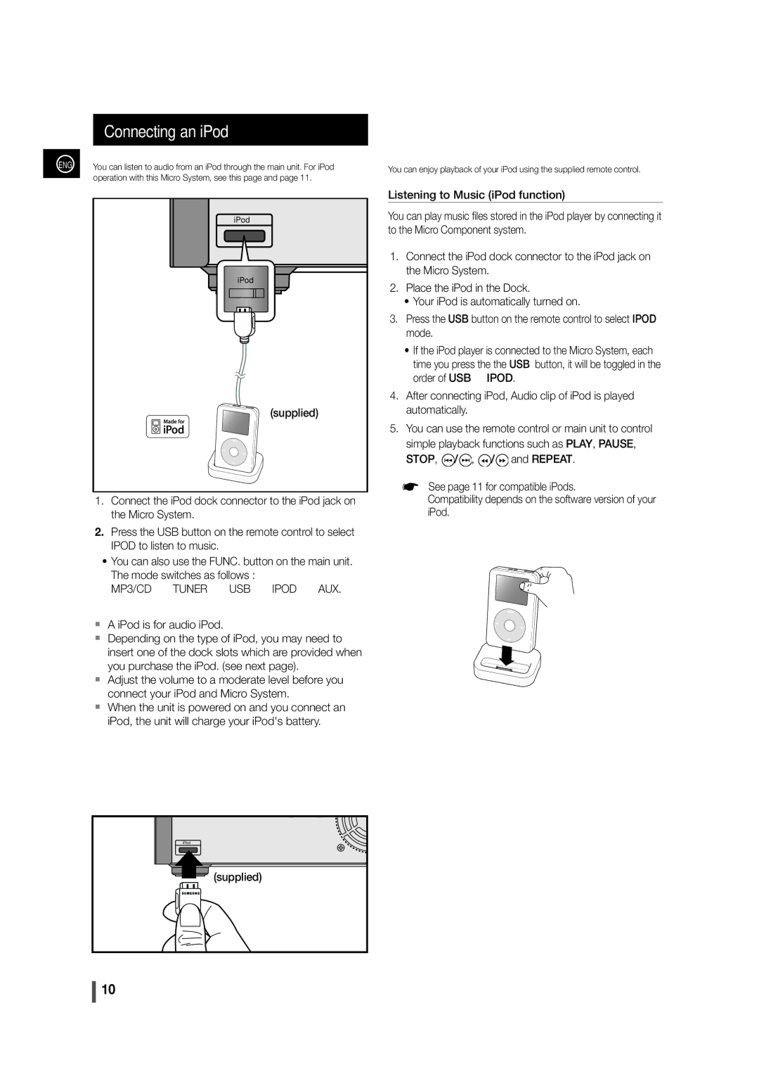 Samsung MM-C430, AH68-02275X user manual Connecting an iPod, MP3/CD Tuner USB Ipod AUX 