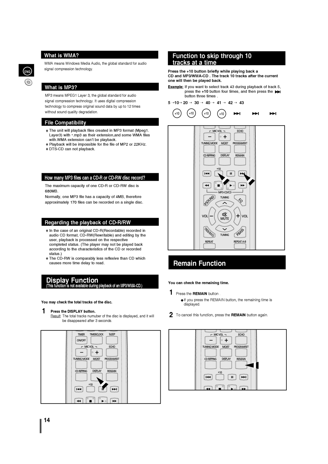 Samsung MM-C430, AH68-02275X user manual Display Function, Remain Function, Function to skip through, Tracks at a time 