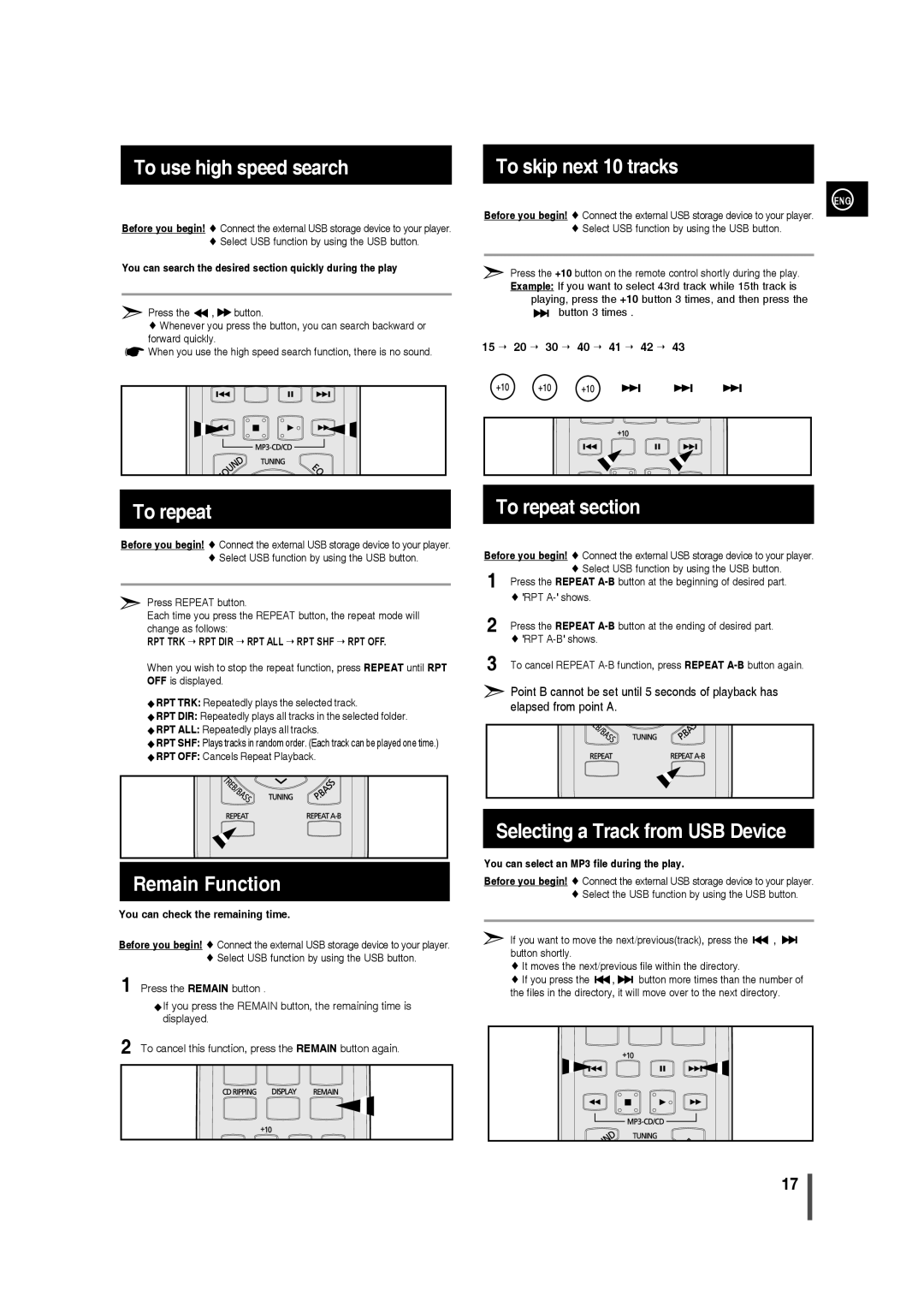 Samsung AH68-02275X, MM-C430 user manual To use high speed search, To skip next 10 tracks, To repeat section 