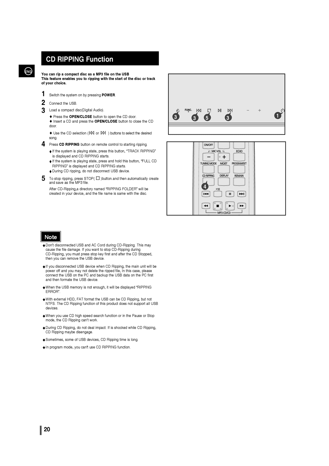 Samsung MM-C430, AH68-02275X CD Ripping Function, You can rip a compact disc as a MP3 file on the USB, Your choice 