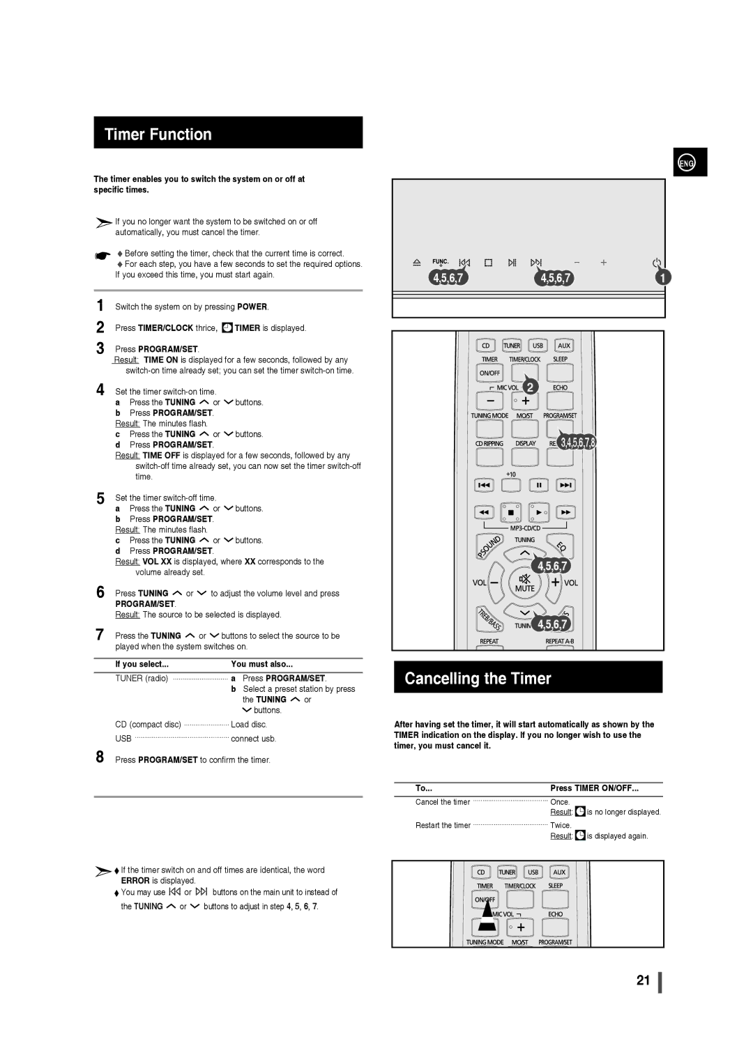 Samsung AH68-02275X, MM-C430 user manual Timer Function, Cancelling the Timer, If you select You must also, Tuning 