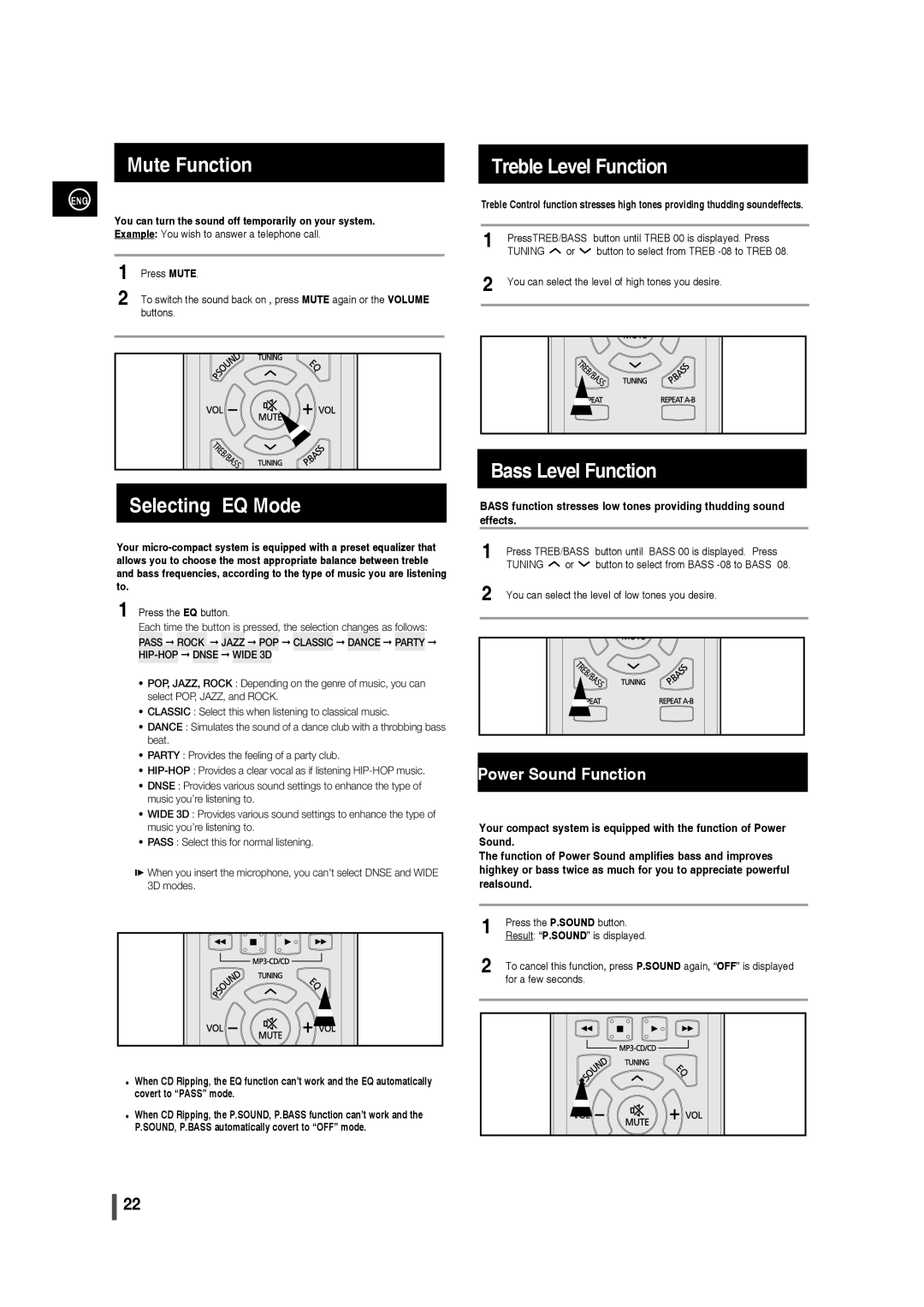 Samsung MM-C430, AH68-02275X user manual Mute Function, Selecting EQ Mode, Bass Level Function 