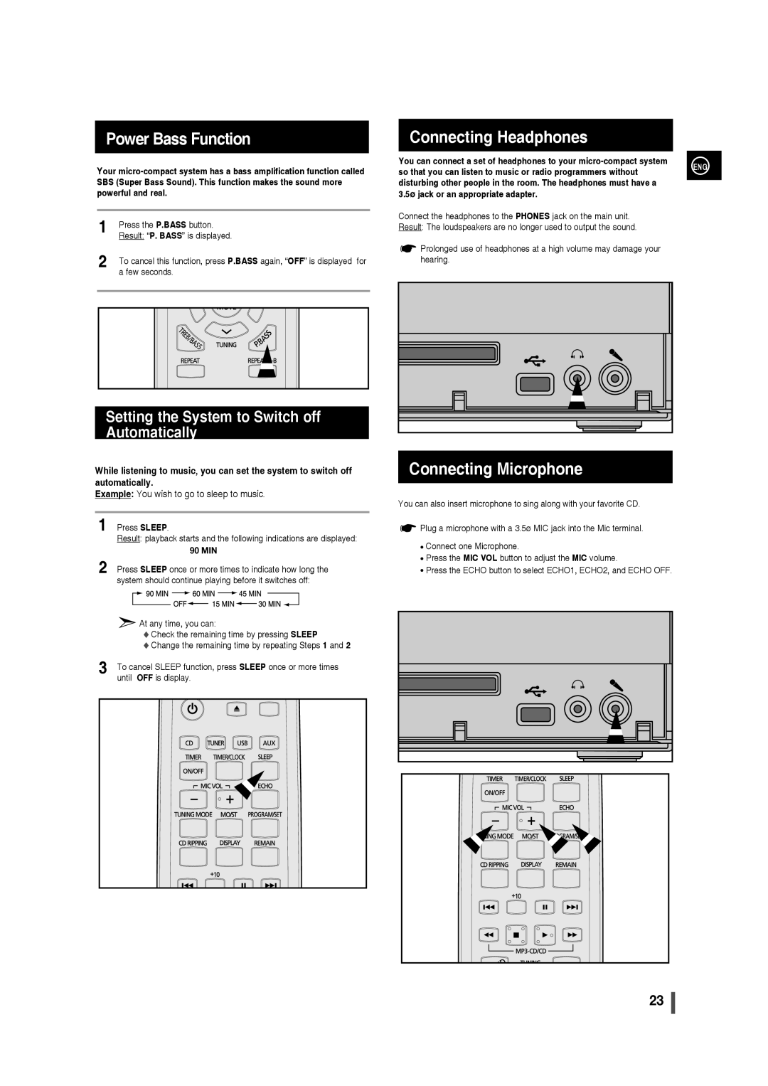 Samsung AH68-02275X, MM-C430 user manual Power Bass Function, Connecting Headphones, Connecting Microphone 