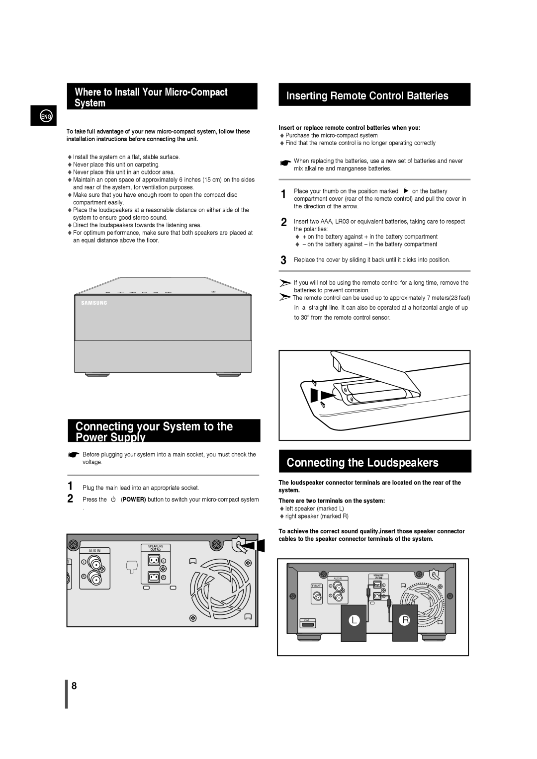 Samsung MM-C430 Connecting your System to Power Supply, Connecting the Loudspeakers, Inserting Remote Control Batteries 