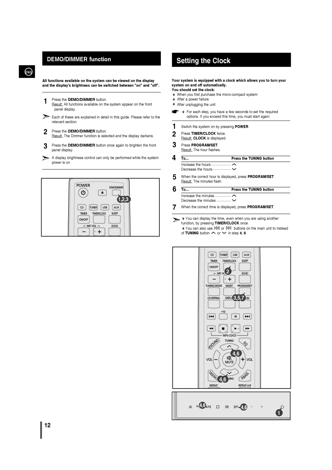 Samsung MM-C430, AH68-02275X user manual Setting the Clock, DEMO/DIMMER function 