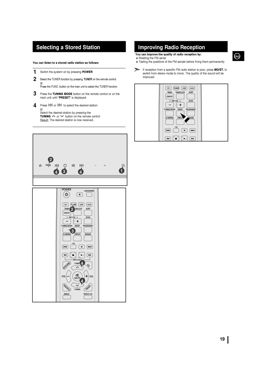 Samsung AH68-02275X, MM-C430 user manual Selecting a Stored Station, Improving Radio Reception, 2 3 4, Tuning 