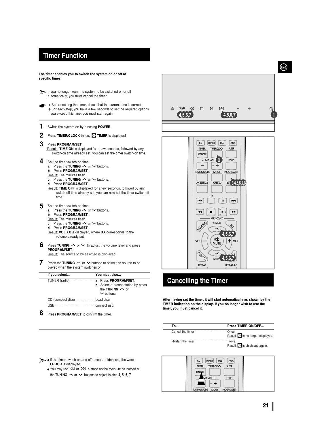 Samsung AH68-02275X, MM-C430 user manual Timer Function, Cancelling the Timer, 2 3,4,5,6,7,8 4,5,6,7 4,5,6,7 
