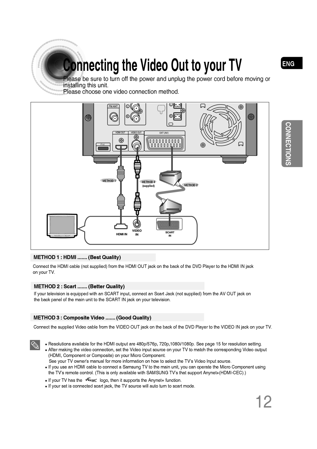 Samsung MM-C430D/XER, MM-C530D/XER manual Connecting the Video Out to your TV 