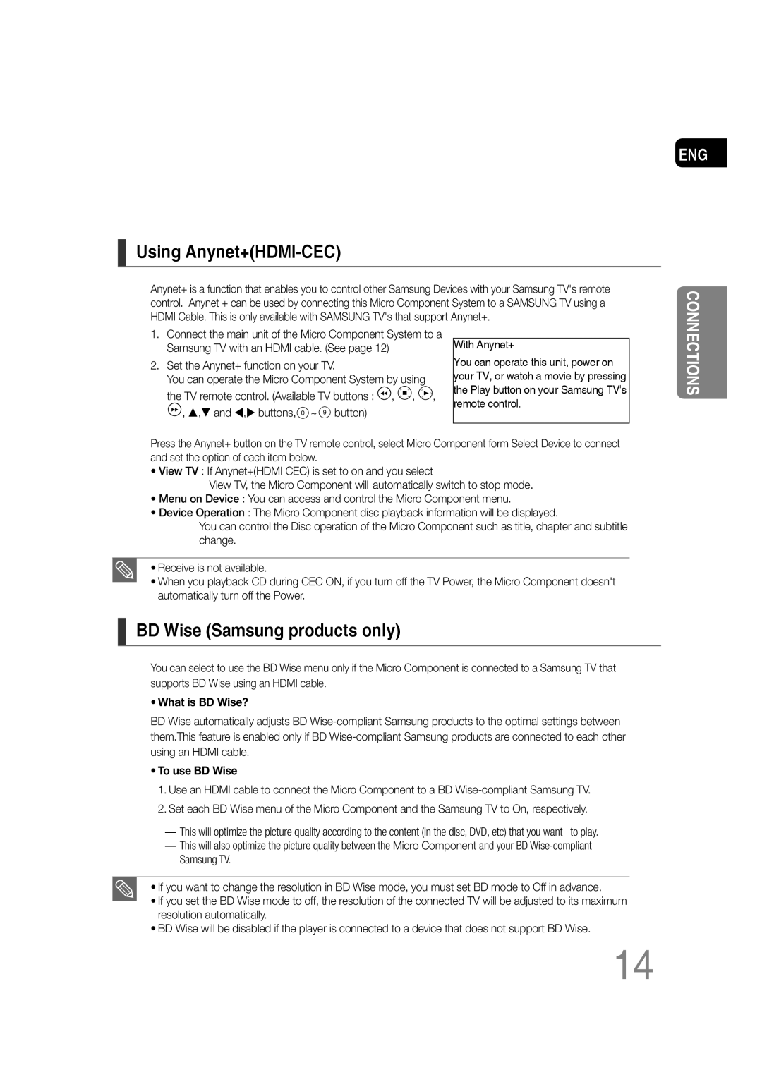 Samsung MM-C430D/XER, MM-C530D/XER manual Using Anynet+HDMI-CEC, BD Wise Samsung products only 