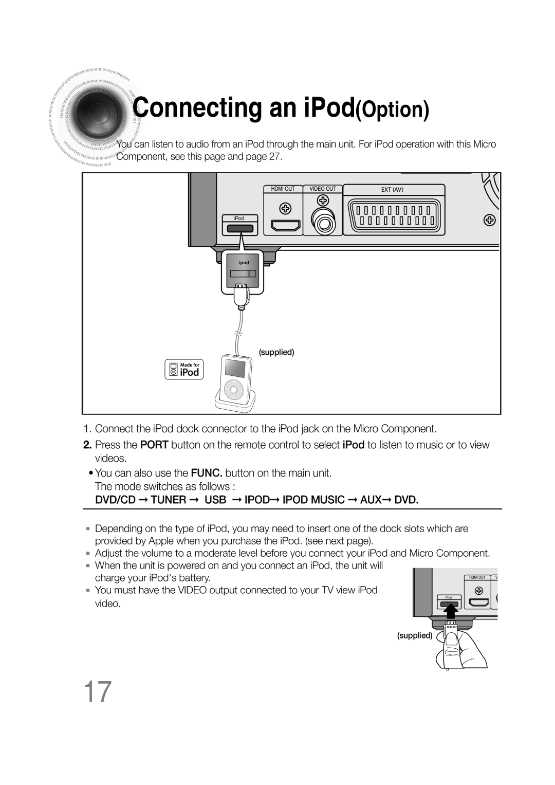 Samsung MM-C530D/XER, MM-C430D/XER manual Connecting an iPodOption 