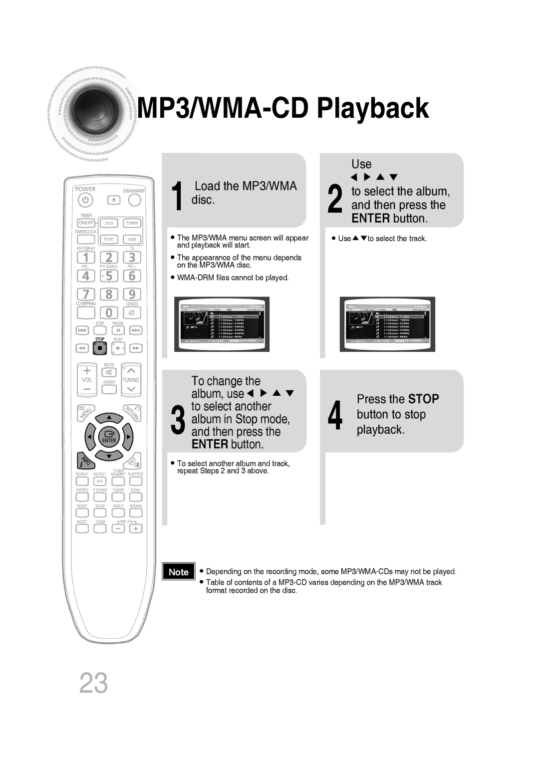 Samsung MM-C530D/XER manual MP3/WMA-CD Playback, Load the MP3/WMA disc Use, To change the album, use, Press the Stop 