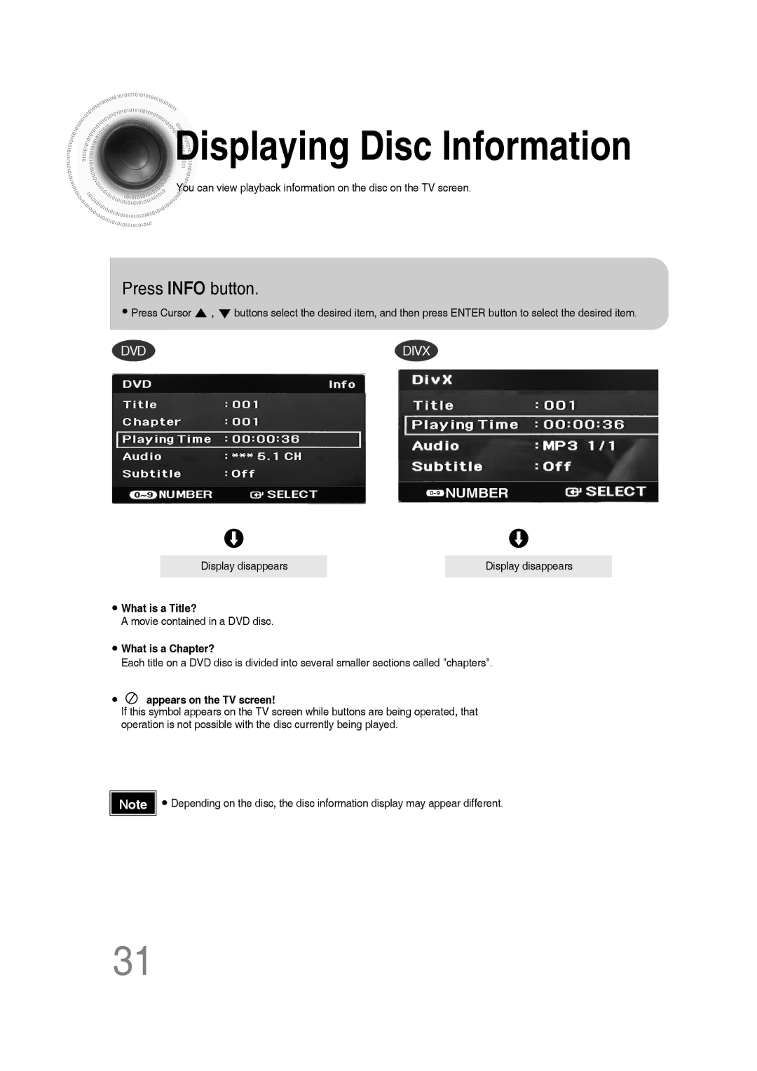 Samsung MM-C530D/XER, MM-C430D/XER manual Displaying Disc Information, Press Info button 