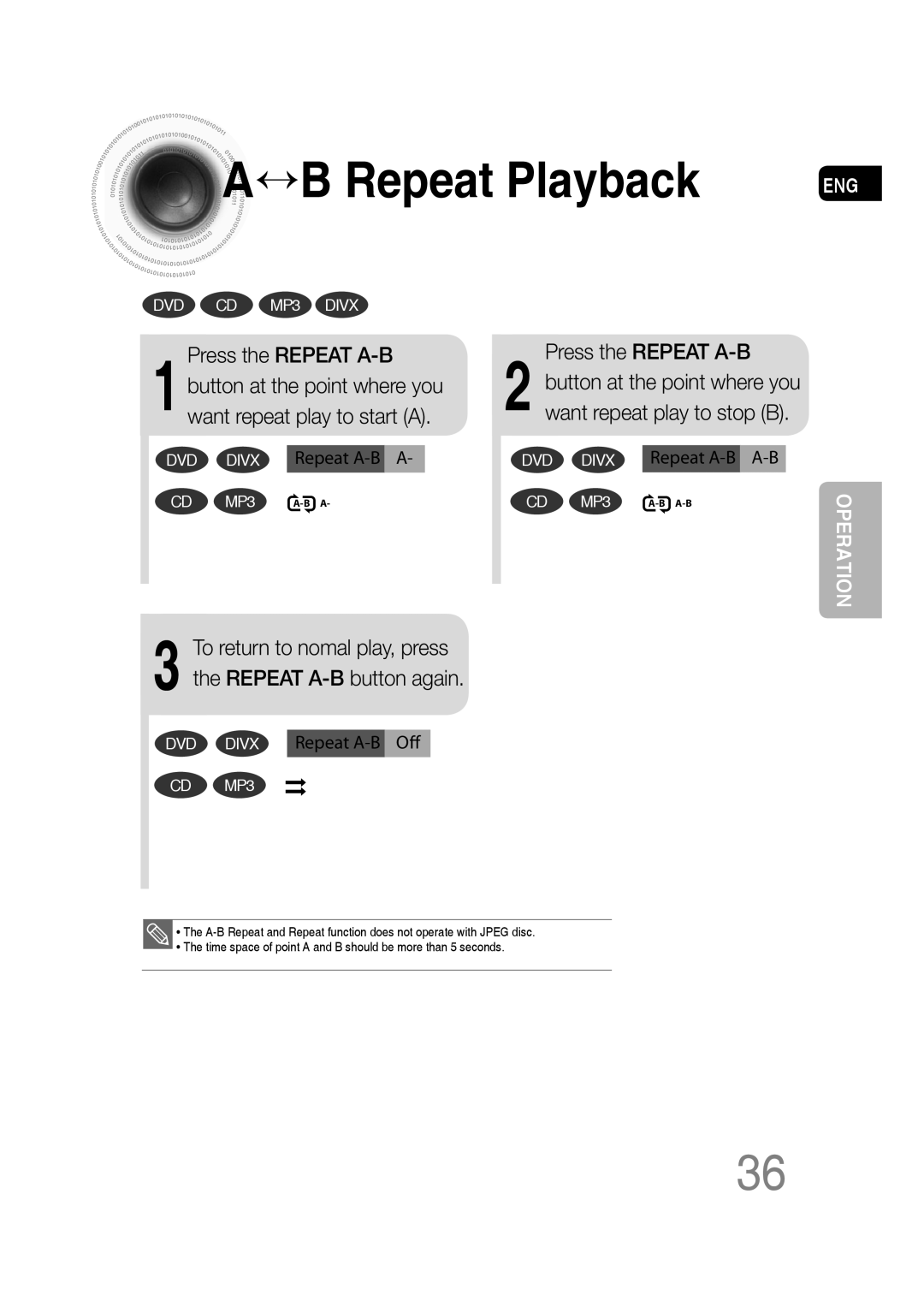 Samsung MM-C430D/XER, MM-C530D/XER manual Press the Repeat A-B 