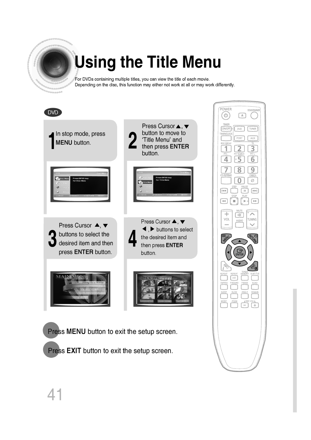 Samsung MM-C530D/XER, MM-C430D/XER manual Using the Title Menu 