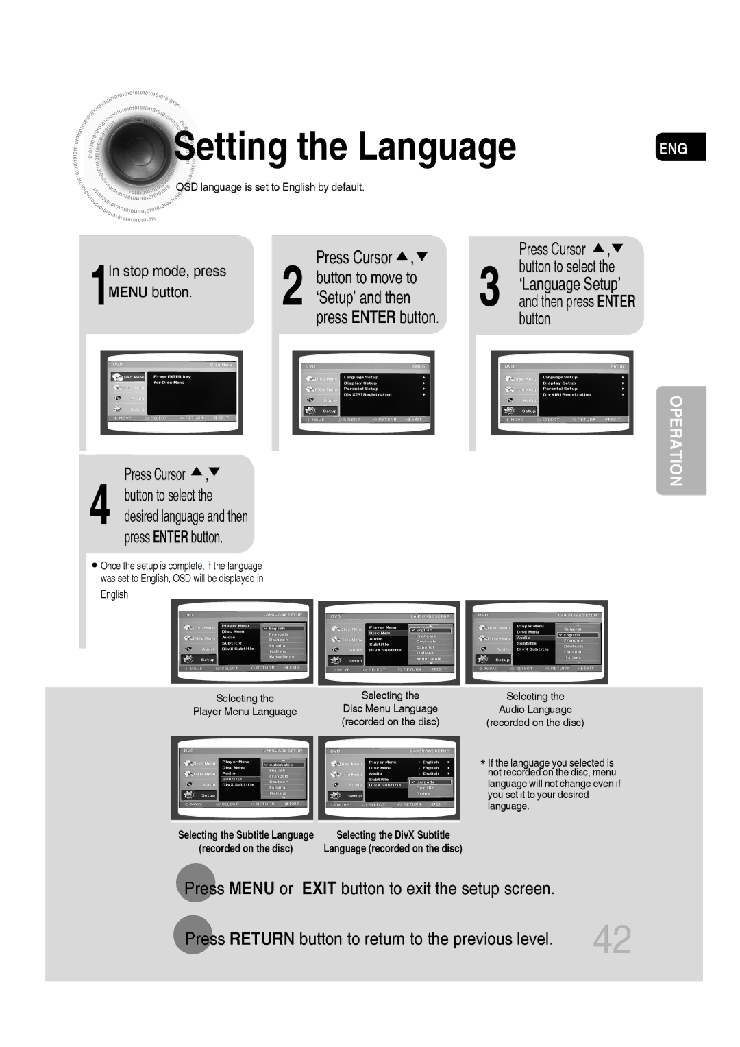 Samsung MM-C430D/XER, MM-C530D/XER manual Setting the Language, Press Cursor, Button to move to, ‘Setup’ and then 