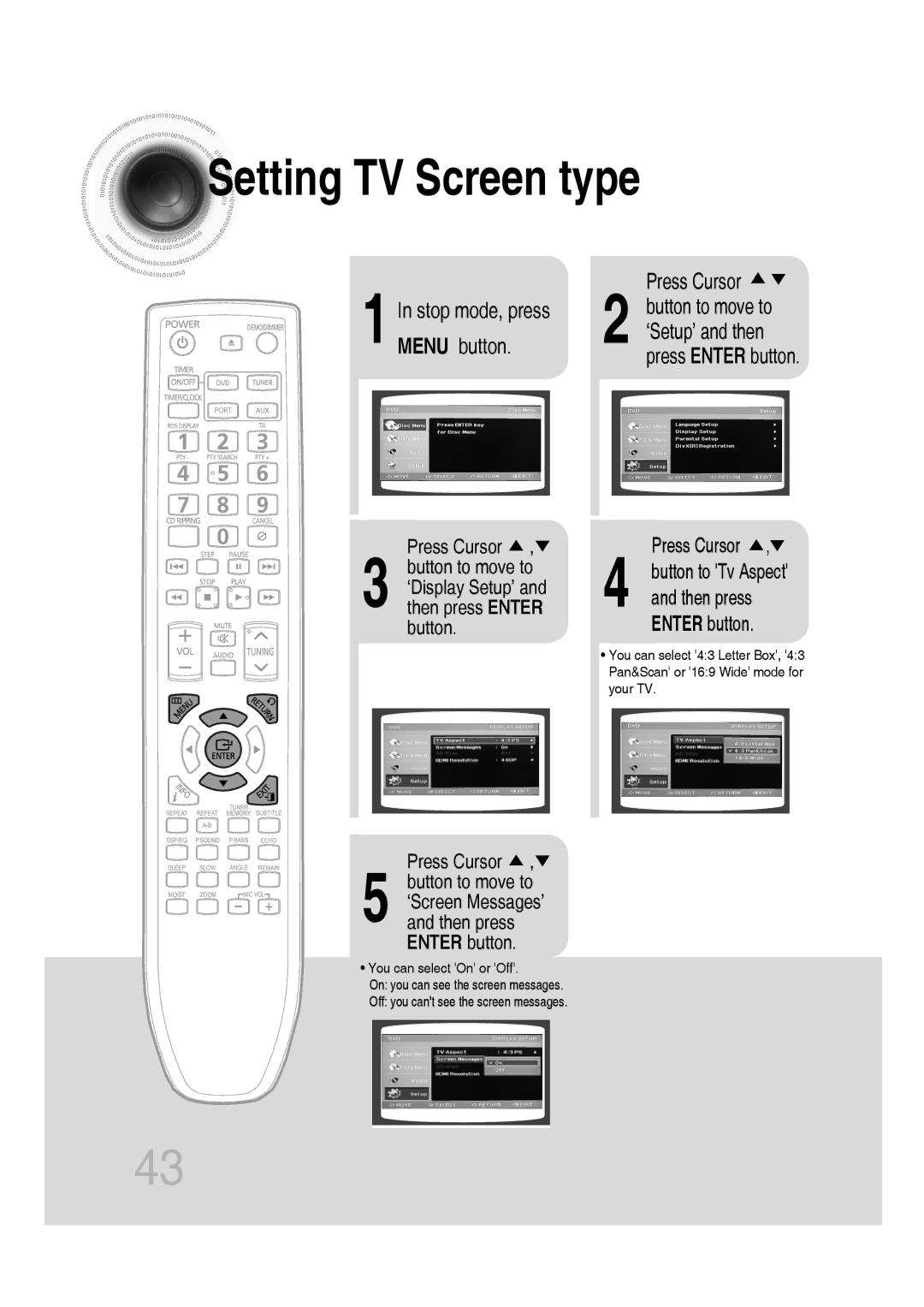 Samsung MM-C530D/XER, MM-C430D/XER manual Setting TV Screen type, ‘Display Setup’ and then press Enter button 