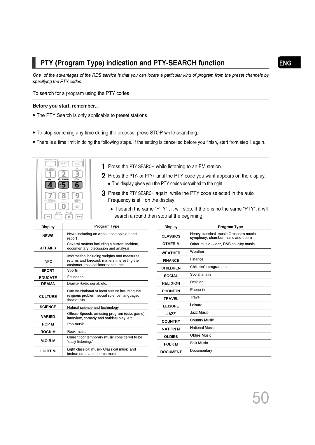 Samsung MM-C430D/XER, MM-C530D/XER manual PTY Program Type indication and PTY-SEARCH function, Before you start, remember 