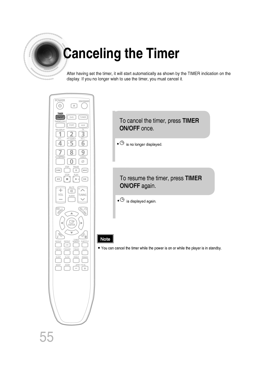 Samsung MM-C530D/XER Canceling the Timer, To cancel the timer, press Timer, ON/OFF once, To resume the timer, press Timer 