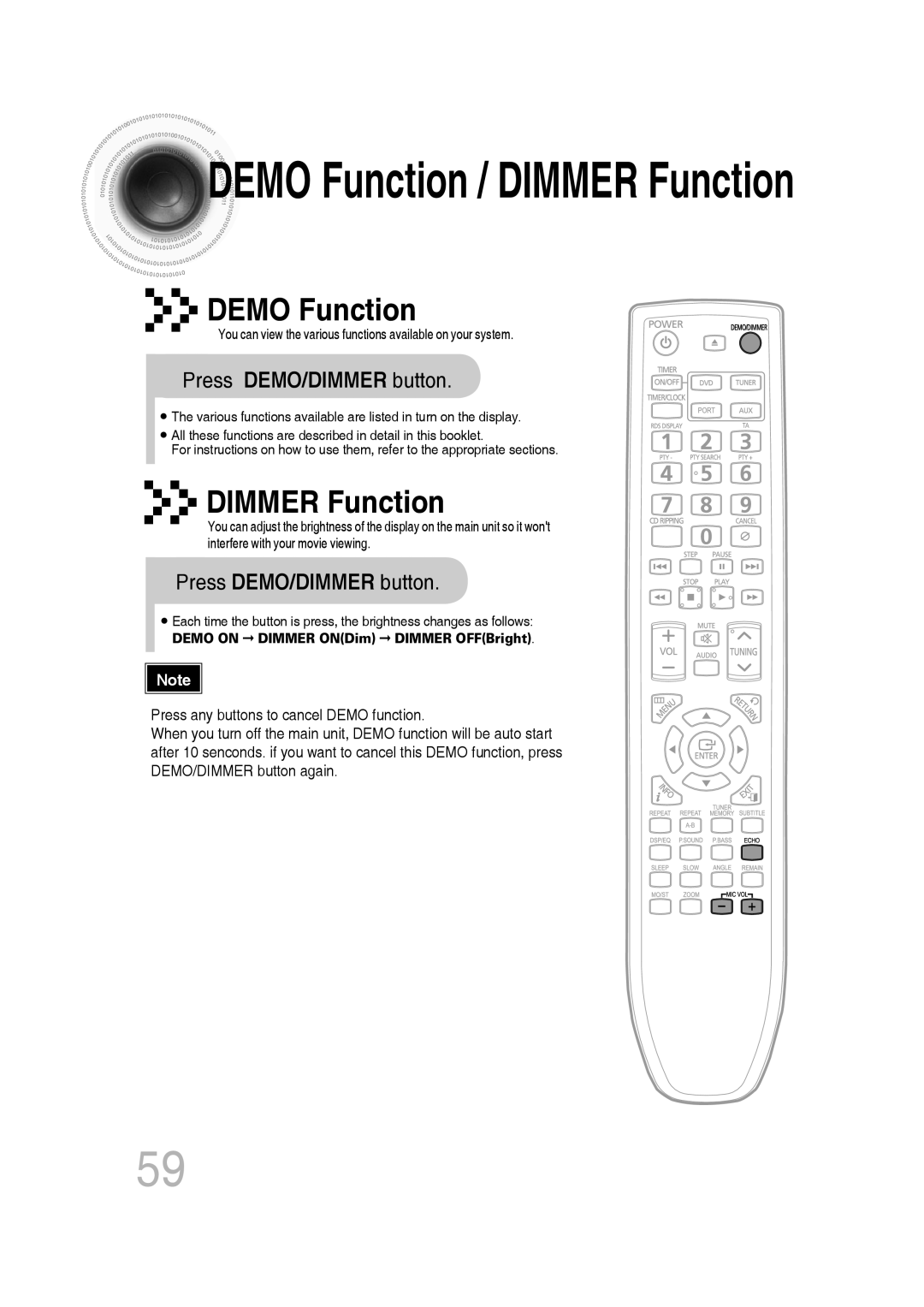 Samsung MM-C530D/XER, MM-C430D/XER manual Demo Function / Dimmer Function, Press DEMO/DIMMER button 