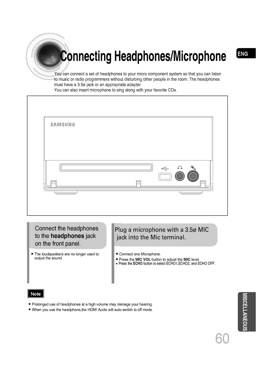 Samsung MM-C430D/XER, MM-C530D/XER manual Connecting Headphones/Microphone ENG 