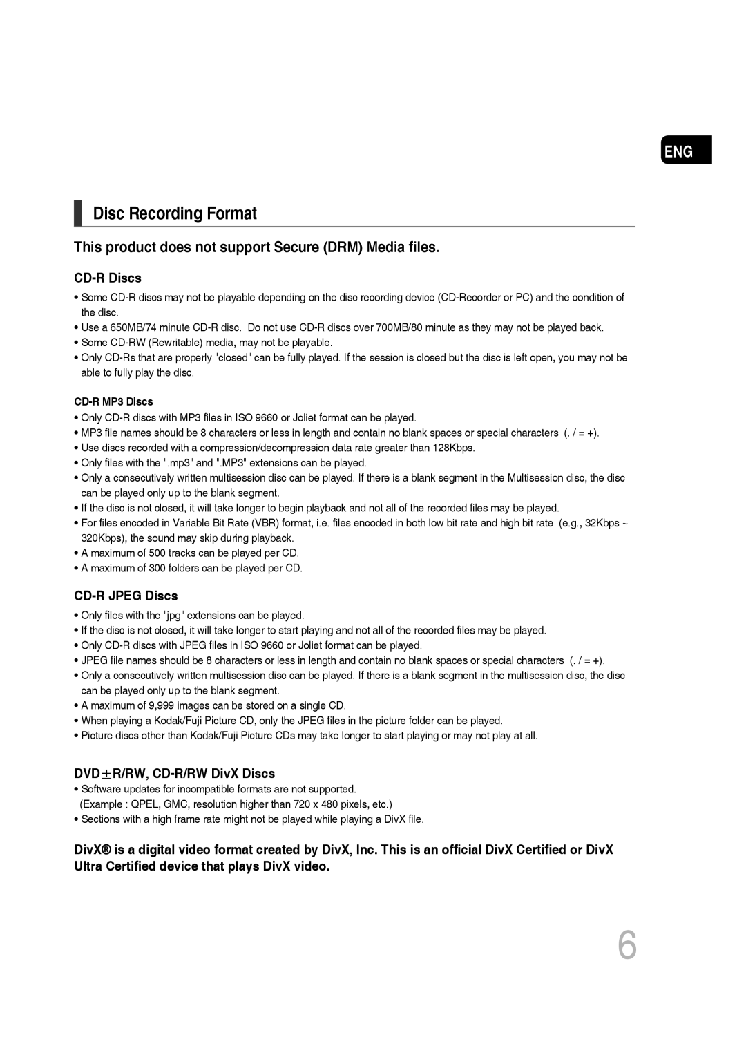 Samsung MM-C430D/XER, MM-C530D/XER manual Disc Recording Format, This product does not support Secure DRM Media files 