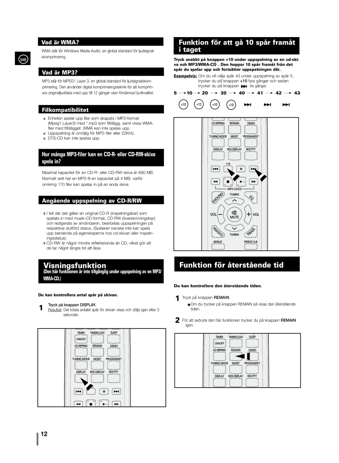 Samsung MM-C430/XEE manual Visningsfunktion, Funktion för återstående tid, Funktion för att gå 10 spår framåt, Taget 