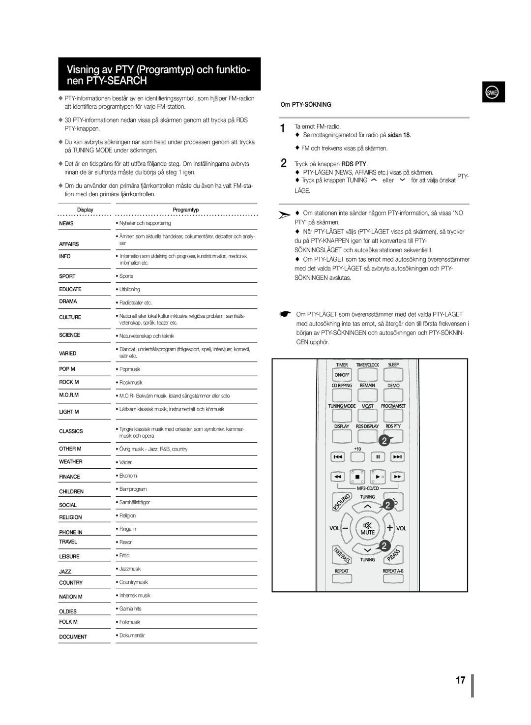 Samsung MM-C430/XEE manual Visning av PTY Programtyp och funktio- nen PTY-SEARCH, Om PTY-SÖKNING Ta emot FM-radio 