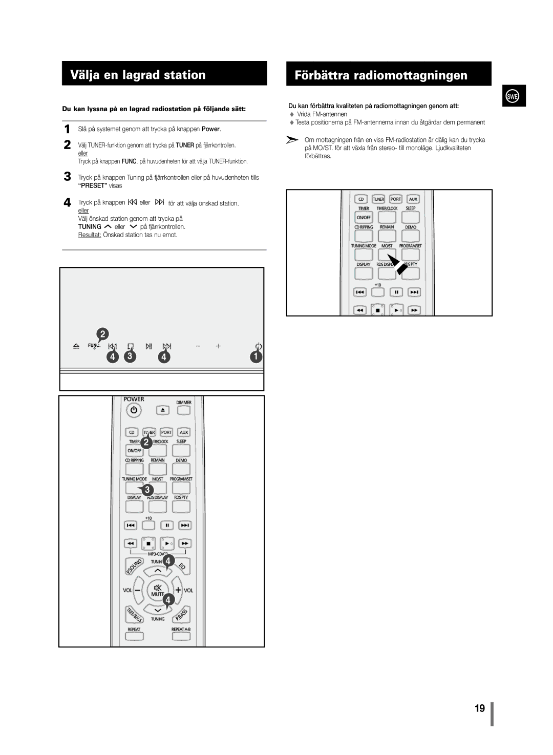 Samsung MM-C430/XEE manual Välja en lagrad station, Förbättra radiomottagningen 