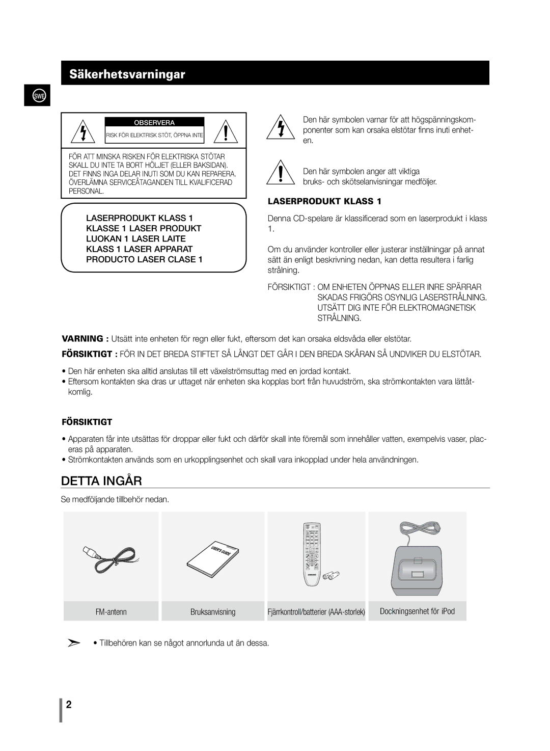 Samsung MM-C430/XEE manual Säkerhetsvarningar, SWE Observera 