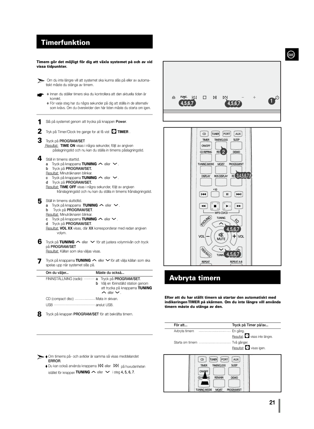 Samsung MM-C430/XEE manual Timerfunktion, Avbryta timern 