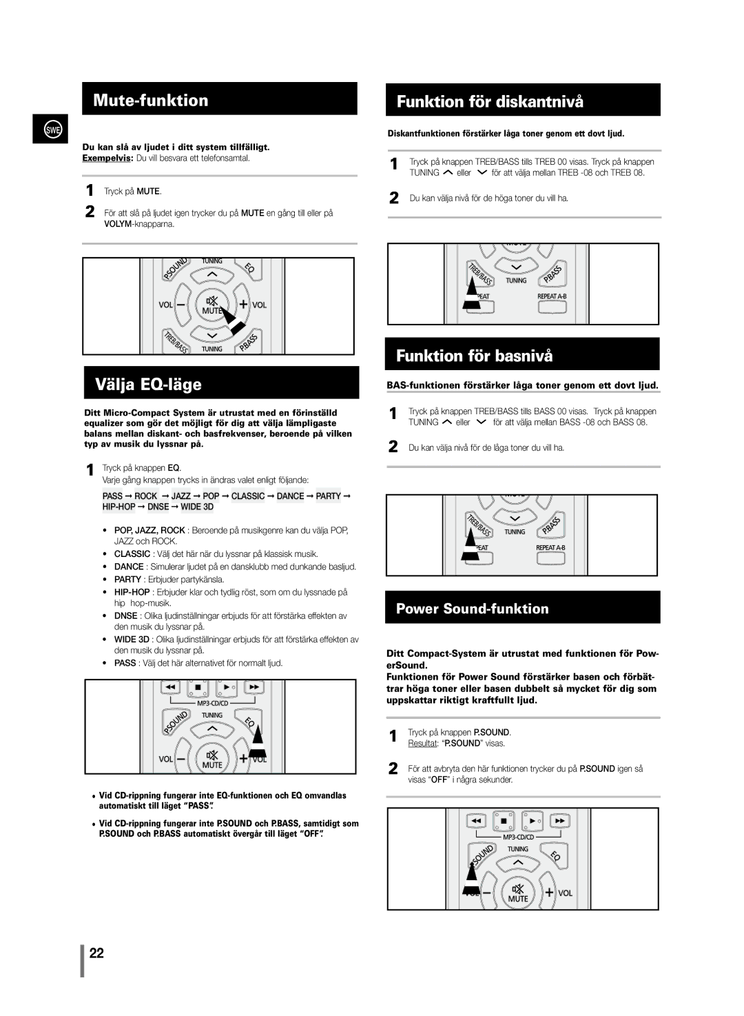 Samsung MM-C430/XEE manual Mute-funktion, Välja EQ-läge, Funktion för diskantnivå, Funktion för basnivå 