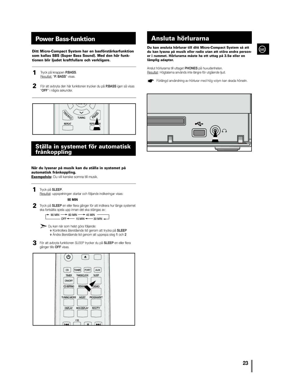 Samsung MM-C430/XEE manual Power Bass-funktion, Ansluta hörlurarna, Ställa in systemet för automatisk frånkoppling, 90 MIN 