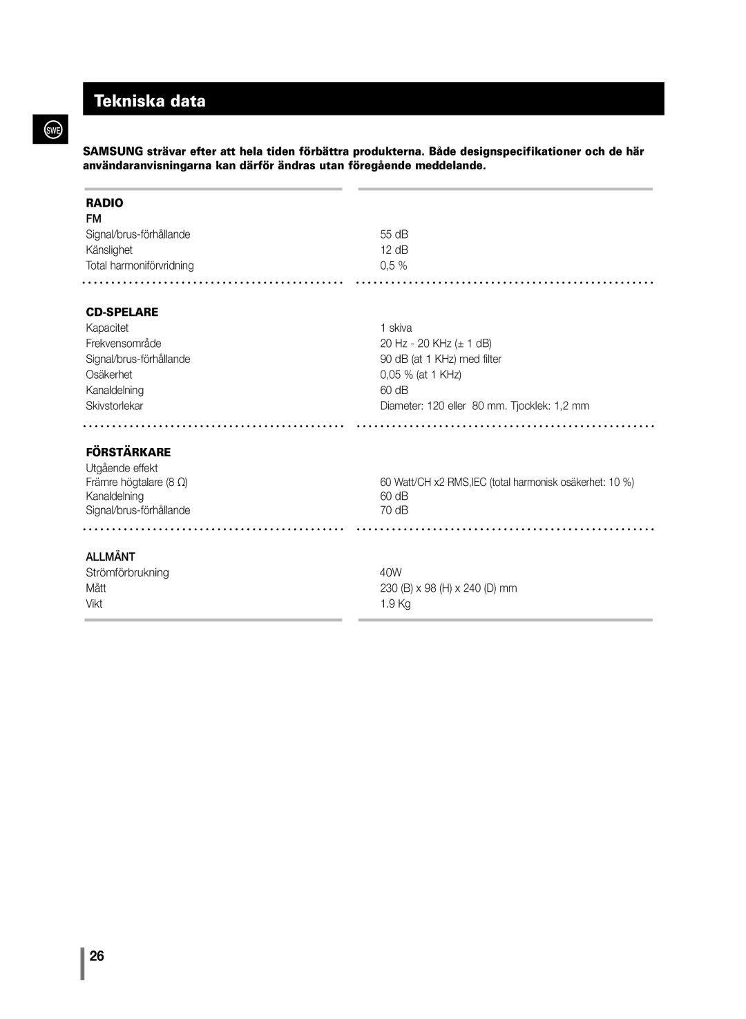 Samsung MM-C430/XEE manual Tekniska data, Cd-Spelare 