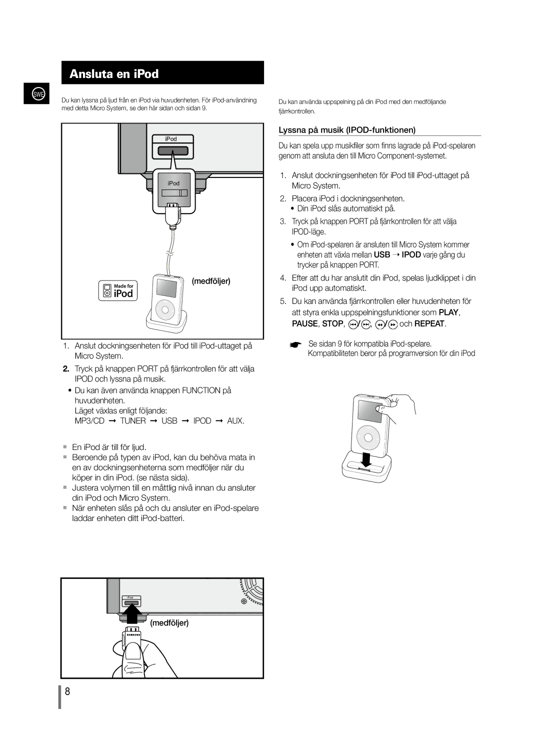 Samsung MM-C430/XEE manual Ansluta en iPod, MP3/CD Tuner USB Ipod AUX 