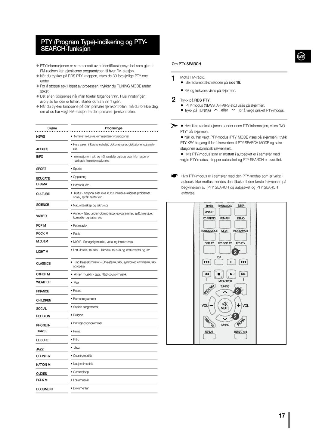 Samsung MM-C430/XEE manual PTY Program Type-indikering og PTY- SEARCH-funksjon, Om PTY-SEARCH Motta FM-radio 