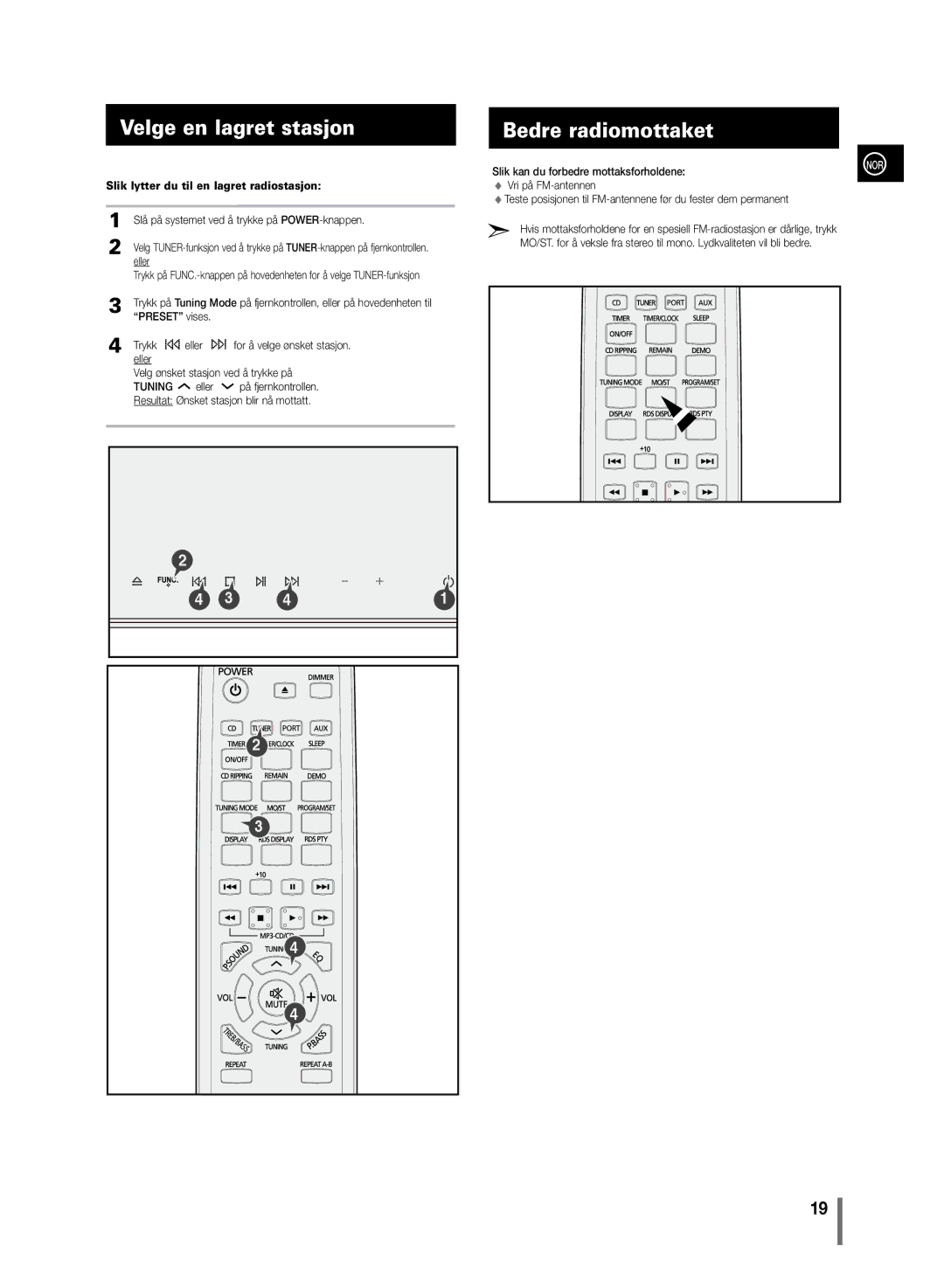 Samsung MM-C430/XEE manual Velge en lagret stasjon, Bedre radiomottaket, Slik lytter du til en lagret radiostasjon 