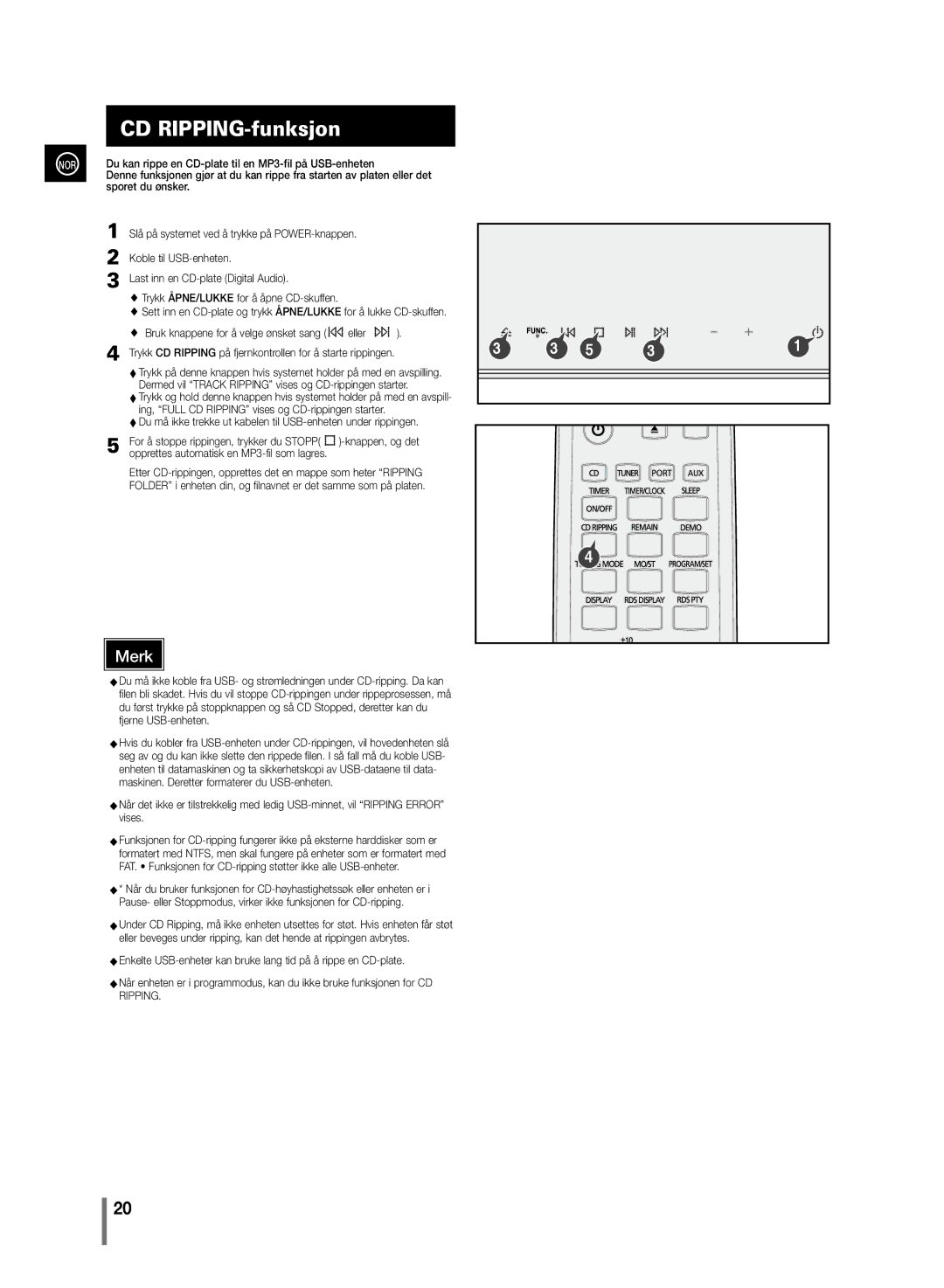 Samsung MM-C430/XEE manual CD RIPPING-funksjon, Du kan rippe en CD-plate til en MP3-fil på USB-enheten, Sporet du ønsker 