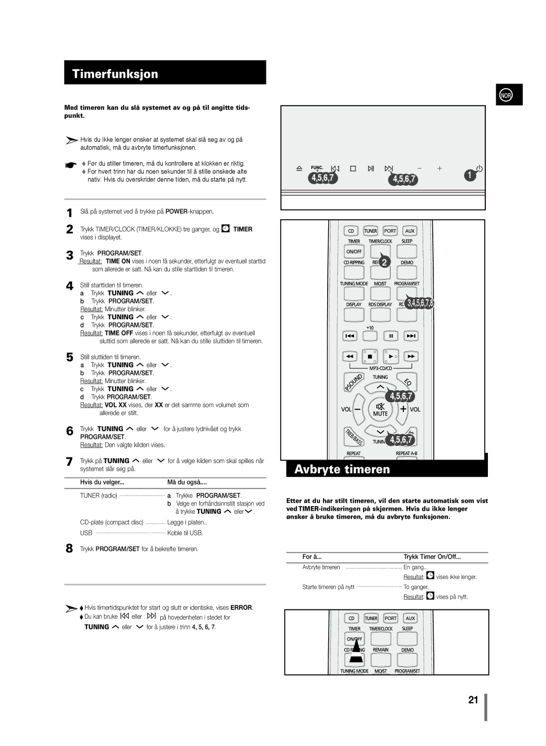 Samsung MM-C430/XEE manual Timerfunksjon, Avbryte timeren 