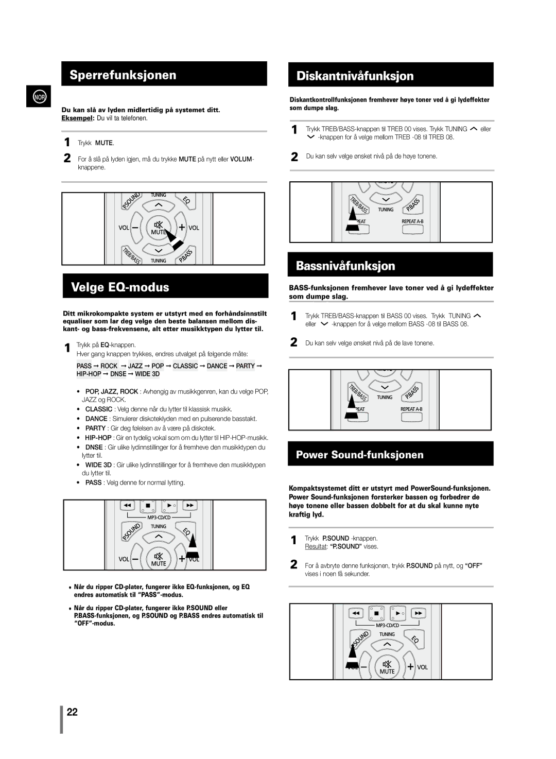 Samsung MM-C430/XEE manual Sperrefunksjonen, Velge EQ-modus, Diskantnivåfunksjon, Bassnivåfunksjon 